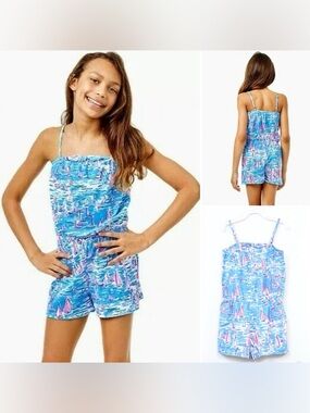 Lilly Pulitzer Girls Jaycee Romper Zanzibar Blue Boatylicious L(8-10)